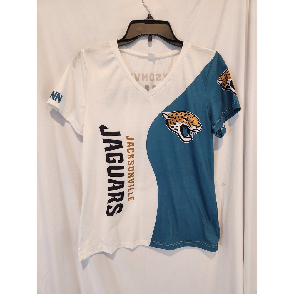 Jacksonville Jaguars Womens V-Neck T-Shirt Teal White Two Tone Fan Tee Size L